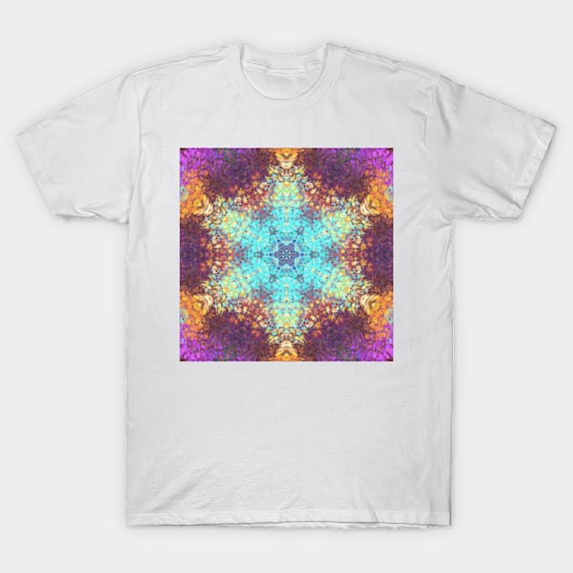 Digital Mandala Blue Yellow and Purple T-Shirt by WormholeOrbital